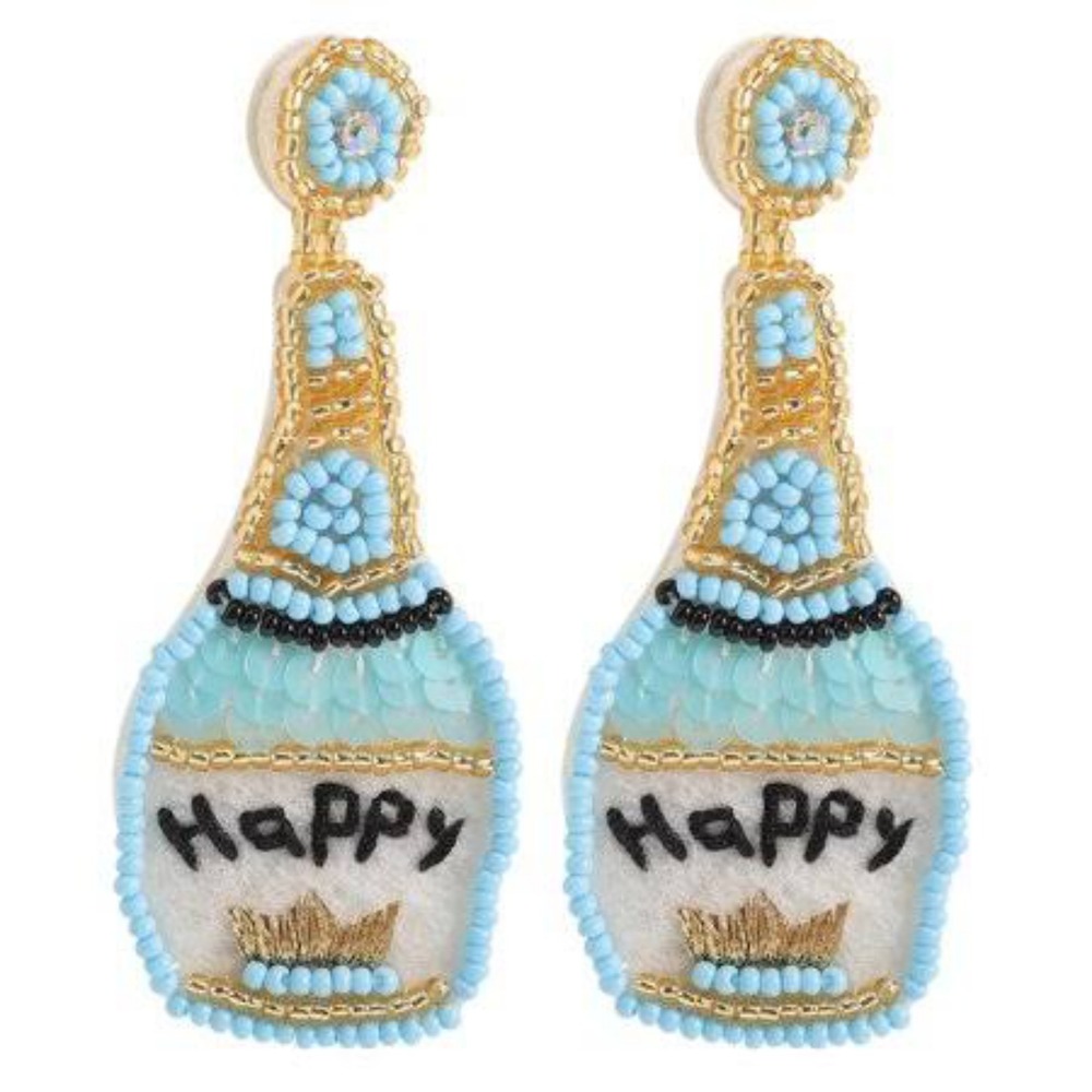 NEW Women's Beaded Light Blue Champagne Celebration Bottle Dangle Earrings
